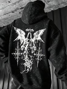 Men's Distressed Washed Hooded Sweatshirt, Autumn/Winter Gothic Angel Cross Back Print, Loose Streetwear Pullover Hoodie - Black - View 6