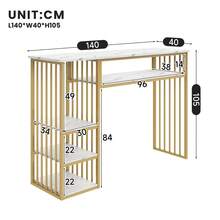 Bar Table With Storage, 140*40*105, High Table With Marble-Effect MDF Top, 3 Shelves And Black Metal Frame, Kitchen Counter For Kitchen, Dining Room And Breakfast Area. - White+Gold+MDF+Metal - View 11