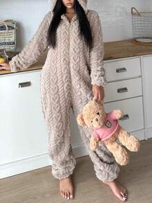 1pc Women's Hooded Fluffy Jumpsuit With Ears, Heart Pattern, Solid Color, Cute, Comfortable, Warm, Suitable For Autumn/Winter, Cozy Outfits - Camel - View 2