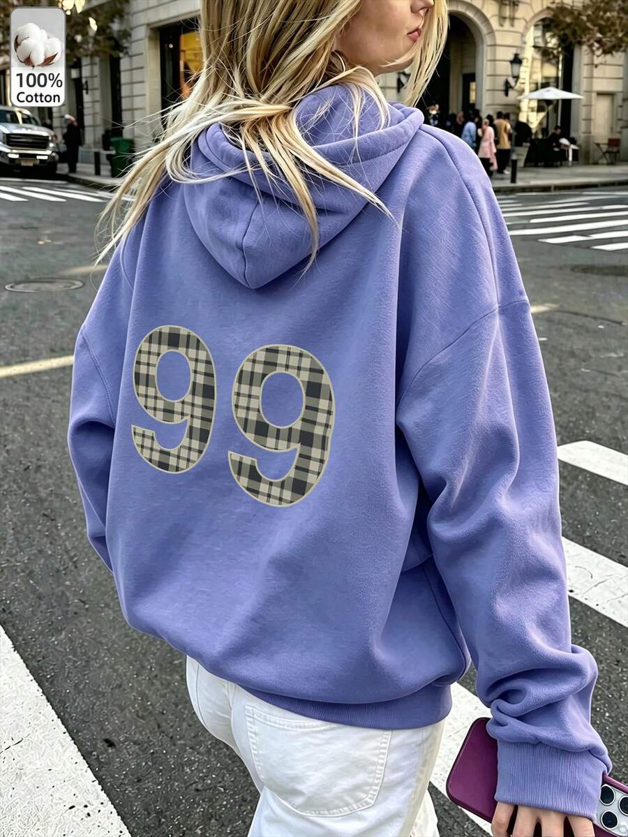 Oversized Women's Sweatshirt For Autumn/Winter, Long-Sleeve Hoodie With Pockets, Casual Top, Y2K Style, Daily Letter Graphic Print, Unisex, Streetwear - Purple Orchid - View 1