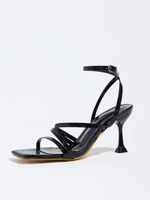 Glossy Black Embossed Square-Toe High Heel Sandals, Multi-Strap Upper, Adjustable Ankle Strap With Buckle, For Party Dinner Date - Black - View 4