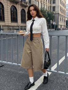 Women's Plus Size Casual Commute Vintage Minimalist Shorts With Pocket Design Mid-Split Shorts Summer - Khaki - View 3