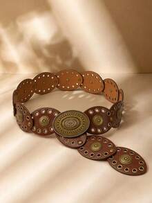 1pc Plus Size Rivet Decor Polka Dot Bohemian Style Casual Belt, PU Material Jeans Belt, Suitable For Outdoor, Festival, Office, Western Style - Brown - View 1