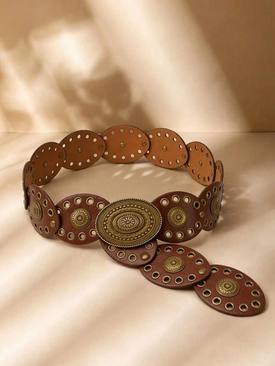 1pc Plus Size Rivet Decor Polka Dot Bohemian Style Casual Belt, PU Material Jeans Belt, Suitable For Outdoor, Festival, Office, Western Style - Brown - View 1