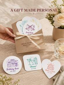 Personalized Name And Year Coaster, Custom Text Drink Coaster With Line Art Party Design, Custom Beverage Coaster, Birthday Party Table Decor, Celebration Drink Mat, Coffee Coaster, Birthday Gift For Friends, Family, Party Hosts And Guests. - Multicolor - View 8