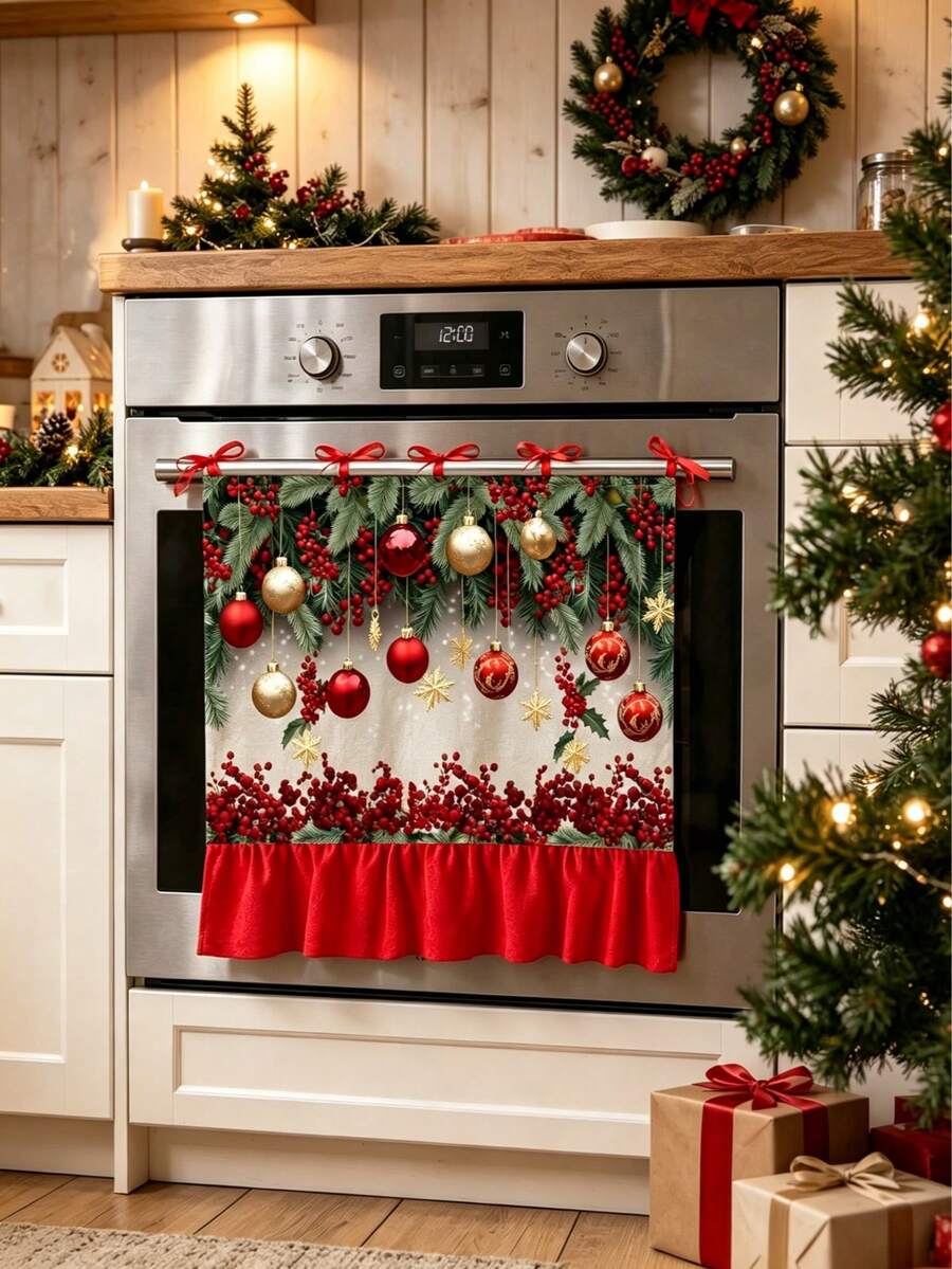 Christmas Oven Door Curtain, Red & Gold Ball And Red Berry Pine Branch Print, Red Scalloped Edge Hanging Decor, Suitable For Kitchen, Holiday Party, Farmhouse Style Home Decor - C - View 1