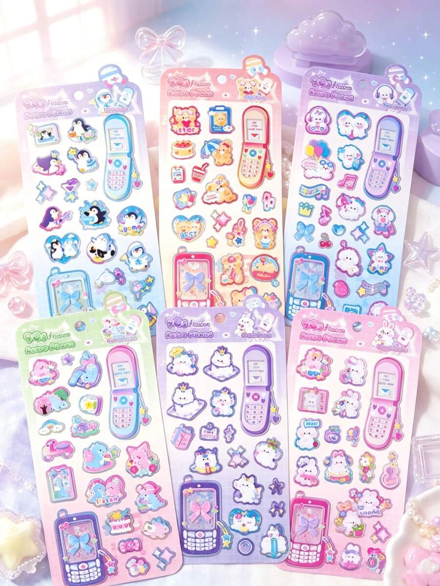Cartoon Retro Mobile Phone Stickers, Y2K Pink Themed Decor Stickers For Stationery Notebooks Luggage