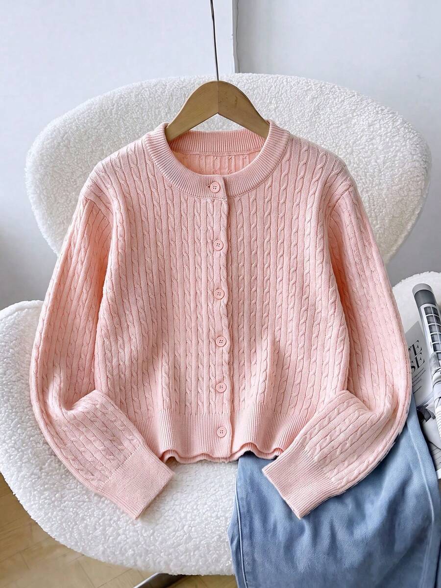 1pc Girls New Vintage Cable Knit Button Cardigan Sweater Jacket, Cute Minimalist Fashion Children's Daily Casual Versatile Long Sleeve Top - Pink - View 1