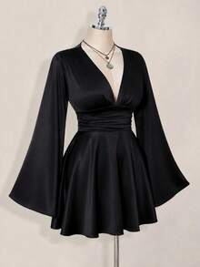 Elegant V-Neck Backless Ruffle Twist Long Sleeve Sexy Fitted Waist Slim Mini Dress Black Spring Party - Black - View 7