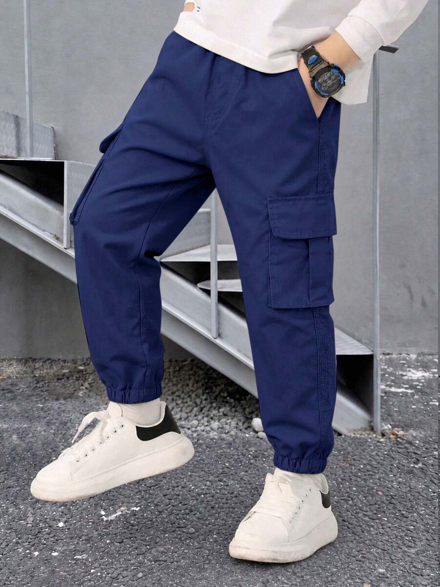 1pc Boys' Fashionable Casual Multi-Pocket Cargo Pants, Versatile For Commuting And Daily Wear - Navy Blue - View 1