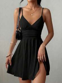 Adjustable Strap Waist Ruffle Hem A-Line Mini Dress, Sexy & Fashionable Versatile Daily Wear, Spring/Summer New Arrival Black Elegant, Date Night - Black - View 3