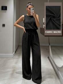 Women's Spring/Summer Black Sleeveless Pleated Drawstring Wide Leg Pants 2-Piece Set, Minimalist Relaxed Style Elegant - Black - View 1