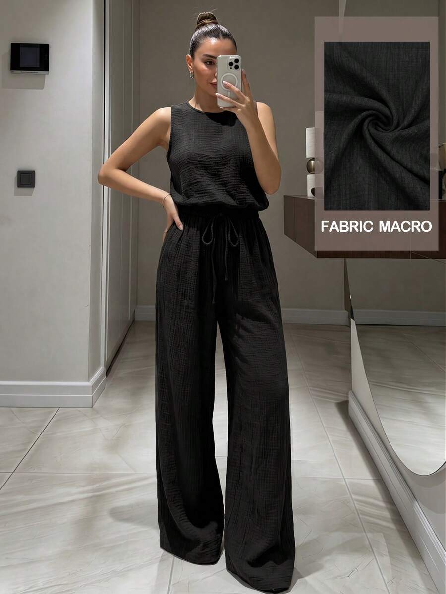 Women's Spring/Summer Black Sleeveless Pleated Drawstring Wide Leg Pants 2-Piece Set, Minimalist Relaxed Style Elegant - Black - View 1