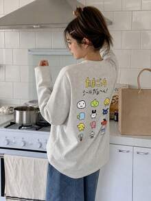 Women's Fashion Autumn/Winter Loose Fit Versatile Round Neck Cute Cartoon Print Long Sleeve T-Shirt Casual - Light Gray - View 1