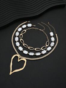 3pcs Simple Fashion Multi-Layer Faux Pearl Exaggerated Heart & Geometric Pattern Necklace Set For Women, Sisters, Holiday, Vacation, Party, Date, Gift, Daily Commute, Personalized Outfit - Yellow Gold - View 5
