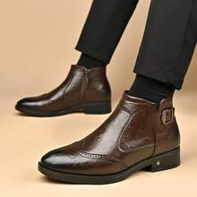 Sepatu Bot Chelsea Kulit Asli Mewah Pria Musim Gugur/Dingin, Setinggi Mata Kaki, Model Slip-On Premium, Tali Gesper, Ujung Sepatu Berukir, Cokelat, Gaya Dasar - Coklat - View 1