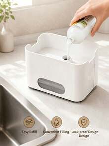 1 buah Kotak Dispenser Sabun Tekan Multifungsi, Warna Solid Abu-abu & Putih, Bahan Plastik, Gaya Minimalis, Cocok untuk Semua Musim, Penggunaan Dewasa, Rak Penyimpanan Sabun Cuci Tangan di Meja Dapur Kamar Mandi, Organizer Penyimpanan Wastafel Rumah - Putih - View 5