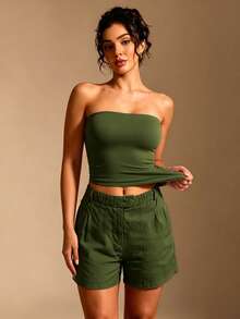 XLLAIS Sexy Strapless Basic Camisole, Fashionable Solid Color Elastic Fitted Tube Top, Suitable For Women All Seasons Summer - Army Green - View 4
