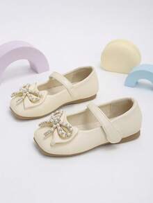 1 Pair Girls' Beige Pearl Rhinestone Bow Knot Hook And Loop Mary Jane Shoes, Suitable For Shopping, Outings And School Wear - Beige - View 4