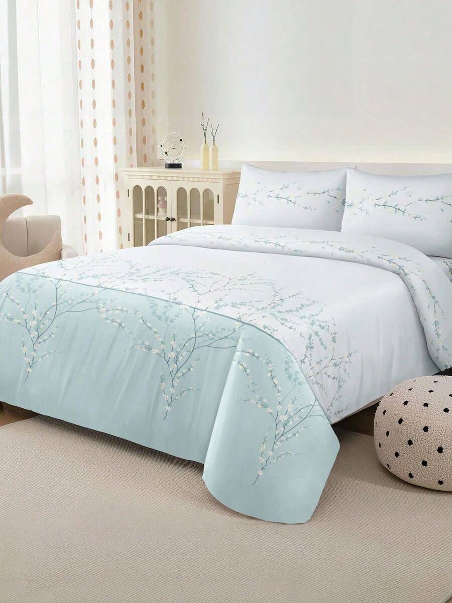 2/3pcs Light Blue Floral Branch Pattern Duvet Cover Bedding Set, Soft Breathable Wrinkle-Resistant, Sleep-Inducing, Luxury Hotel Style, Reversible Dual-Color Duvet Cover*1 Pillowcase*1/2, Extra Large/Large/Full/Twin Size - Multicolor - View 1