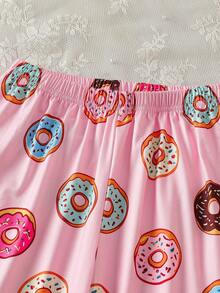 Tween Girl Fashion Casual Comfortable Cute Skin-Friendly Colorful Donut Digital Print Long Sleeve Cardigan & Pants Set, Suitable For Autumn/Winter Home & Daily Wear - Pink - View 9