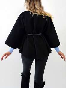 Women's Fashionable Elegant Short 3/4 Sleeve Stand Collar Loose Woolen Coat With Belt, Winter Black Fall - Black - View 7