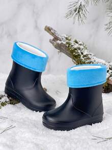 兒童黑色雪地靴，藍色人造毛飾邊保暖內裡冬季戶外靴 - 黑色 - 查看 3