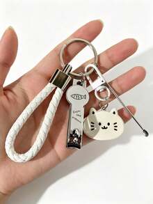 1pc Cute Cat Keychain, Woven PU Lanyard Cartoon Cat Pendant Key Ring, Portable Multi-Functional Key Chain, Suitable As Gift For Women And Girls - Multicolor - View 3
