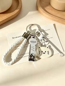 1pc Cute Cat Keychain, Woven PU Lanyard Cartoon Cat Pendant Key Ring, Portable Multi-Functional Key Chain, Suitable As Gift For Women And Girls - Multicolor - View 4