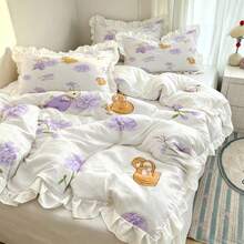 2/3pcs Rabbit & Purple Flower Pattern Ruffled Duvet Cover Set, Set Includes 1 Duvet Cover + 1/2 Pillowcases, No Filling - Soft, Comfortable, Breathable Bedding, Suitable For All Seasons, Perfect For Creating A Cozy And Warm Bedroom, Guest Room, Ultra-Soft Breathable Moisture-Wicking Bedding - Multicolor - View 2