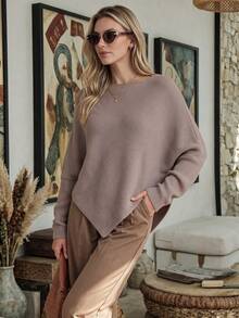 NiceArt Women's Autumn/Winter Brown Vintage Batwing Sleeve Knit Sweater, Boat Neck Diagonal Ribbed Knit Asymmetrical Hem Pullover, Autumn Outfit, Office Commute, Social - Mocha Brown - View 6