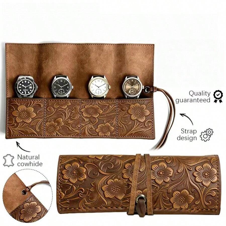 Top Grain Leather Handmade New Creative Tang Dynasty Grass Pattern Watch Storage Bag Foldable Genuine Leather Wristwatch Anti-Scratch Strap Watch Roll - Multicolor - View 1