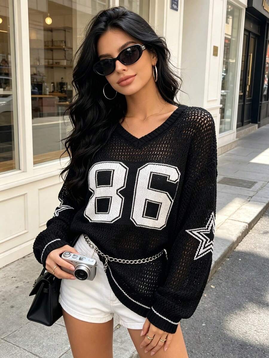 女士夏季情侣款宽松运动卫衣，数字印花休闲百搭风格镂空针织上衣，黑色，春季款