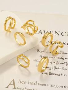 7pcs Gold Metal Chunky Ring Set, Minimalist Cross Rings, Women's Stackable Simple Ring Jewelry - Gold - View 2