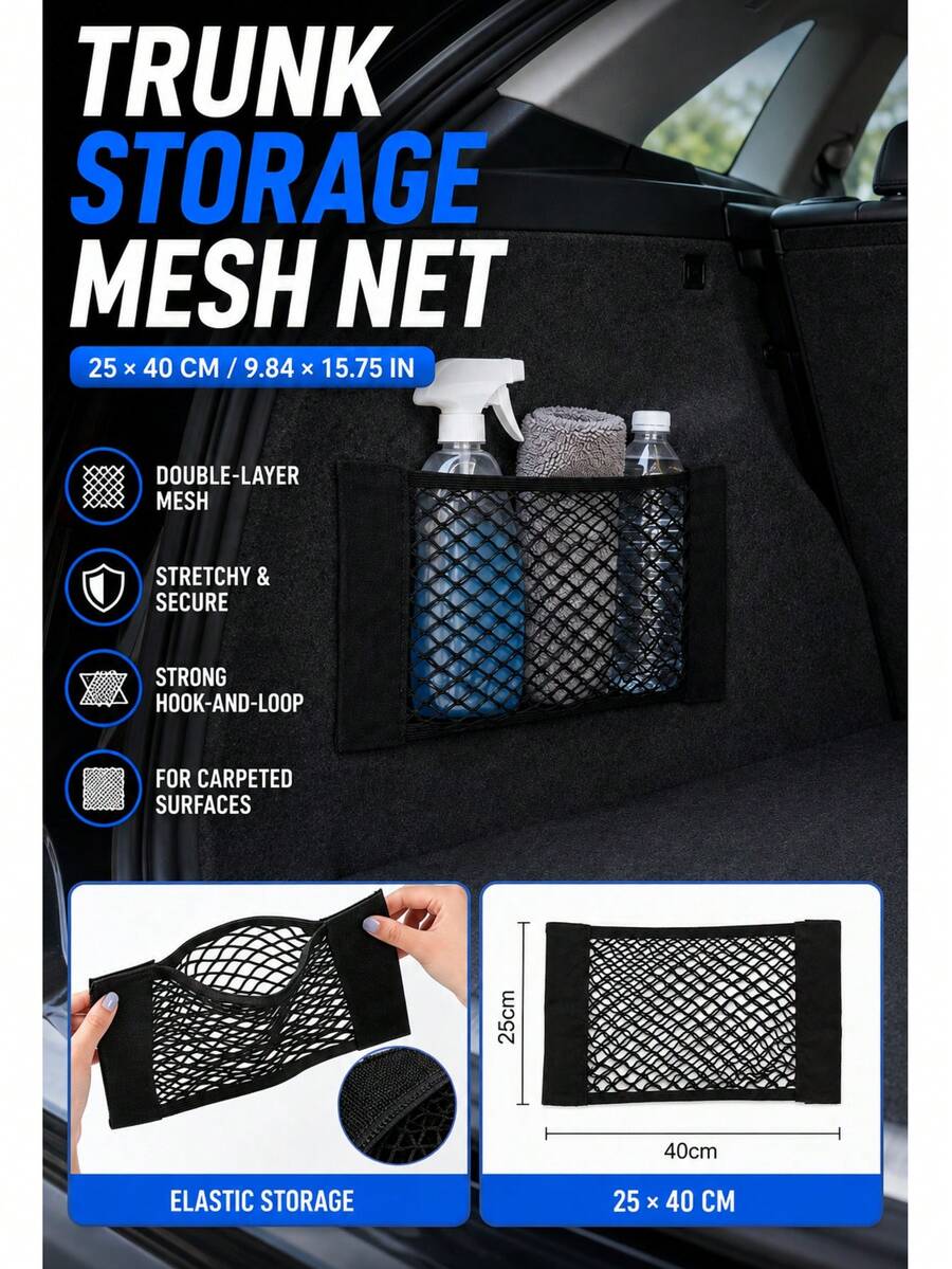 1pc Car Trunk Storage Net 25*40CM Double Layer Elastic Hook & Loop Design, Flocked Interior Dedicated No-Drill Car Storage Mesh Pocket - Car Cargo Net - View 1