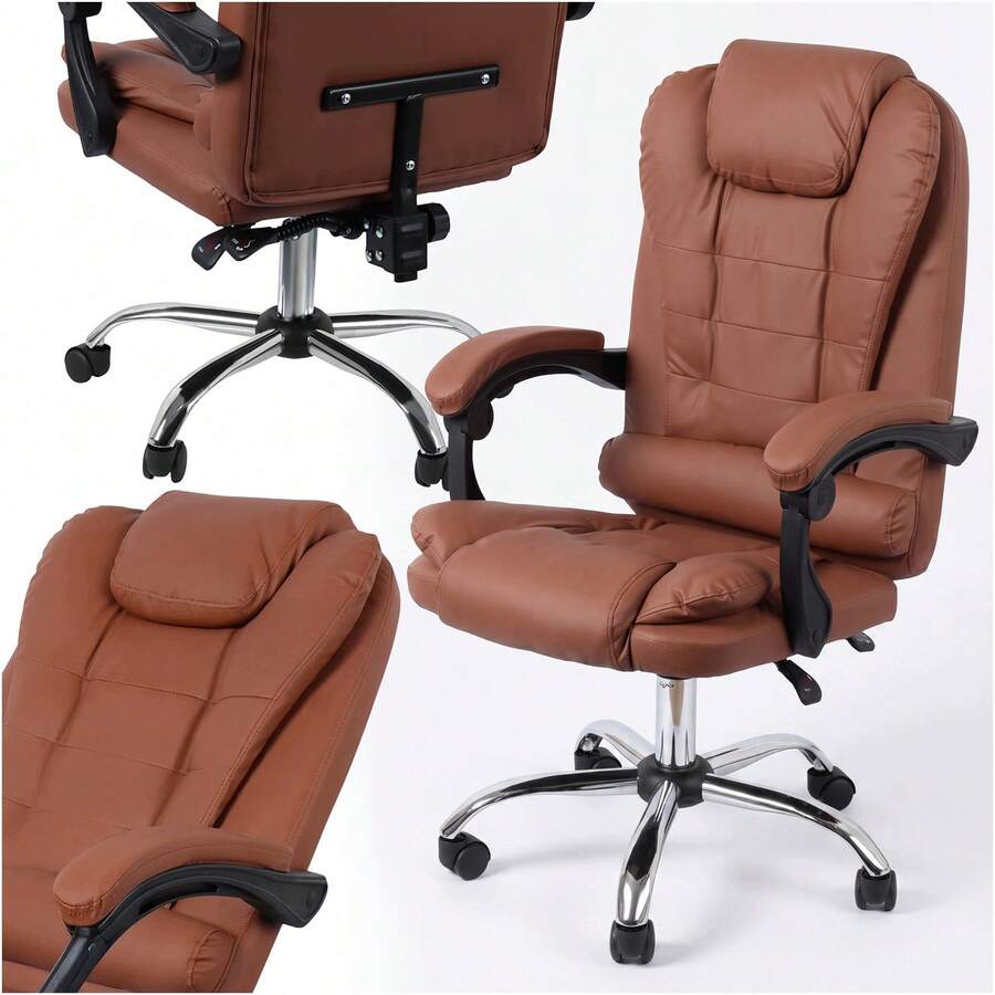 Office Chair With Adjustable Height, Brown Faux Leather Upholstery, PPU Foam Padding, High Backrest With Lumbar Support, Padded Armrests, Swivel Base And Polyurethane Wheels For Home Office, Study And Desk Work - Brown - View 1