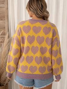 Women's Plus Size Colorblock Heart Sweater, Round Neck, Long Sleeve, Comfortable Knit - Pale Yellow - View 4