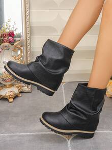 Sepatu Boot Wanita Mid-Calf Sol Tebal Nyaman Serbaguna Musim Gugur/Dingin Ukuran Besar Gaya Minimalis Modis - Hitam - View 6