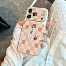 1 buah Casing Ponsel Motif Hantu Teh Susu Papan Catur Bahan TPU untuk Halloween, Kompatibel dengan Apple 17 Pro Max/17/16 Pro Max/15/13/12/11, Layar Jendela Besar, Perlindungan Penuh, Anti Jatuh, Casing Pelindung Lembut - Perak - View 4