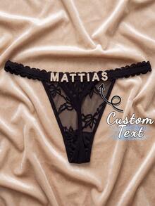 Customized Name Letter Pendant Lace Thong Panties, Personalized Sparkling Rhinestone Sexy Lingerie, Creative Gift For Women's Birthday, Anniversary, Valentine's Day - Black - View 15