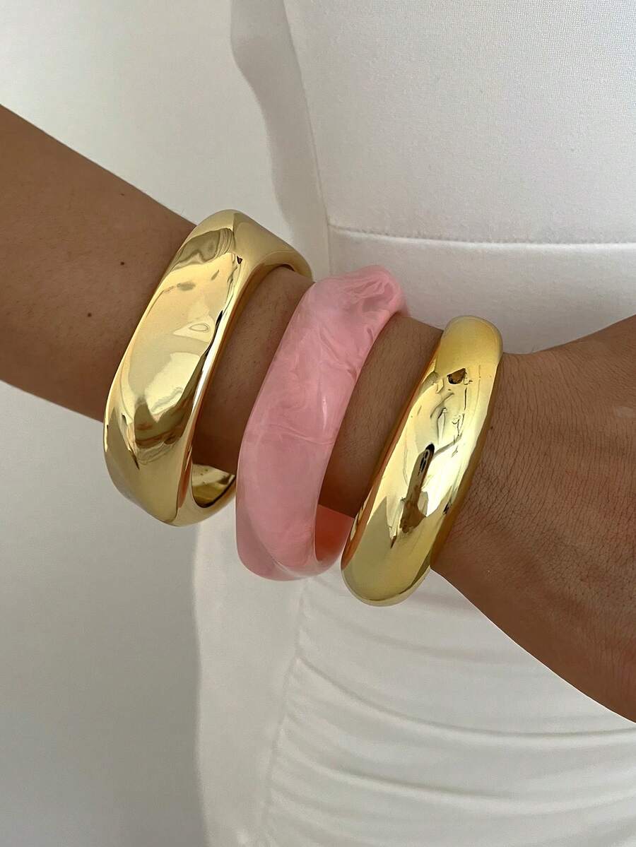 3pcs Multi-Layer Fashion Minimalist Elegant Exquisite Vintage Design Geometric Ribbon Wave Pink Resin Asymmetrical Marbled Pattern CCB Metal Style Exaggerated Wide Chunky Bracelets Set, Holiday Vacation Party Date Gift, Daily Commute Wear, Personalized - Multicolor - View 1