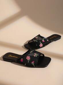 Elegant Vintage Floral Embroidered Square Toe Slides, Women's Soft Breathable Mesh Flat Sandals For Vacation And Beach - Black - View 12