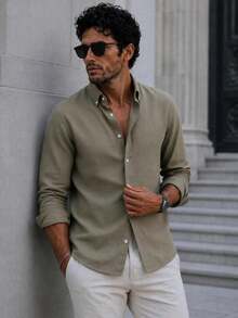 100% Cotton Linen, Breathable, Lightweight, Button-Down Collar, Men's Linen Shirt - Khaki - View 3