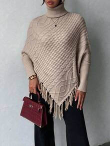 Cable Knit Tassel Cape Sweater With 3D Cable Twist Patchwork Diamond Pattern Design, Loose Casual Slouchy, Suitable For Autumn/Winter, Casual Dating, Vacation, Outing - Light Brown - View 4