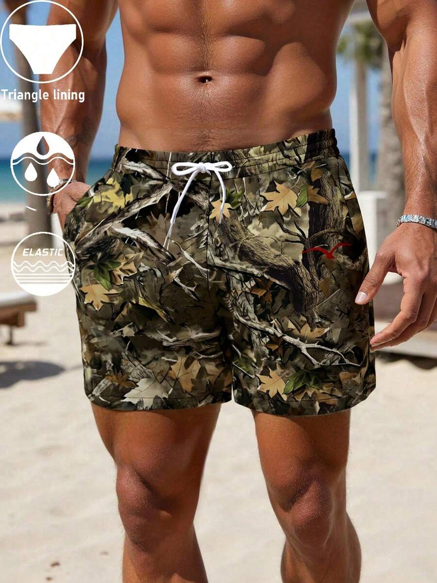 Men's Summer Surfboard Shorts, Palm Tree Print, Adjustable Waist Swim Trunks