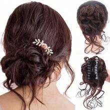 Women's Clip-On Fluffy Bun Hairpiece, Short Curly Wavy Synthetic Hair Bun Extension, Chestnut Brown Chignon High Ponytail Volumizer Hair Accessory - Multicolor - View 5