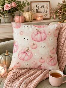 Halloween Cute Pink Pumpkin Table Runner, Throw Pillow, Placemat, Pink Background Bow Pumpkin Smiling Ghost Print Tablecloth, Sweet Girl Style Halloween Autumn Kitchen Dining Room Decor, Rectangular Table Runner - Multicolor - View 8