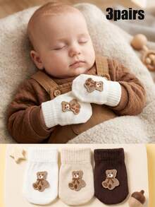 3 Pairs Embroidered Bear Cartoon Knitted Gloves For Boys, Full Finger, Candy Color, Thickened For Autumn/Winter - 3 Pairs - View 2