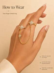 XYHEALER 1pc Gold Women's Double Finger Ring, Rhinestone Star Chain Connected Shiny Exaggerated Ring Jewelry, Suitable For Party, Dance, Date Night - Multicolor - View 7