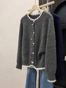 Women's Soft Plush Cardigan Sweater, Round Neck Colorful Button Knit Top, Suitable For Christmas, Halloween, Thanksgiving - Dark Grey - View 9